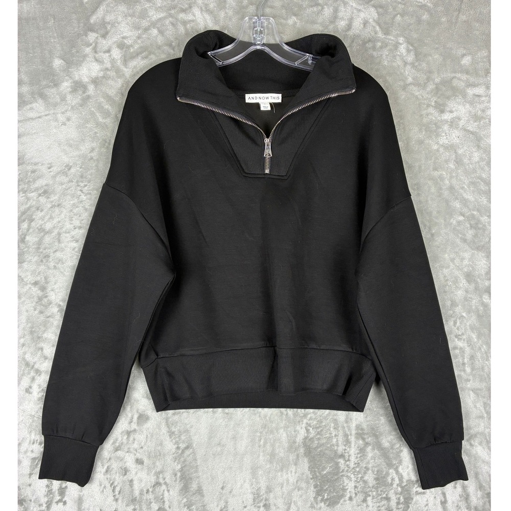AND NOW THIS Womens Black Quarter Zip Pullover Sweatshirt Relaxed Fit Small
